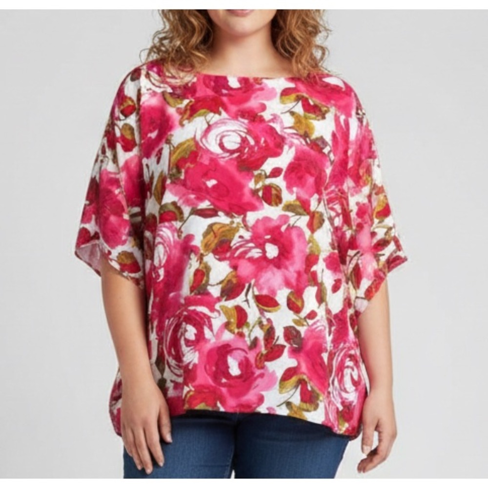 DANA KAY Lightweight CREPE Pink/White FLORAL PRINT Pullover BLOUSE/TOP Sz 18W